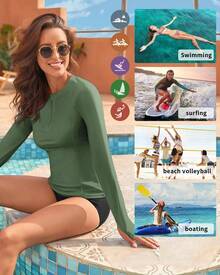 Women Rash Guard Long Sleeve UPF 50 Swim Shirts SPF Sun Protection Swimsuit Top No Bottom - Red - View 11