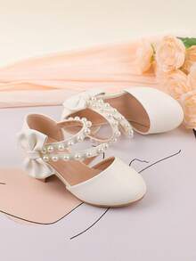 White Dress Shoes With Pearls Suitable For Girls & Kids, Fashion High Heels Or Thick Heels For Formal Dress, Recital, Wedding, Party, Sweet & Cute Butterfly Decor, Low Heels Or High Heels Available - White - View 8