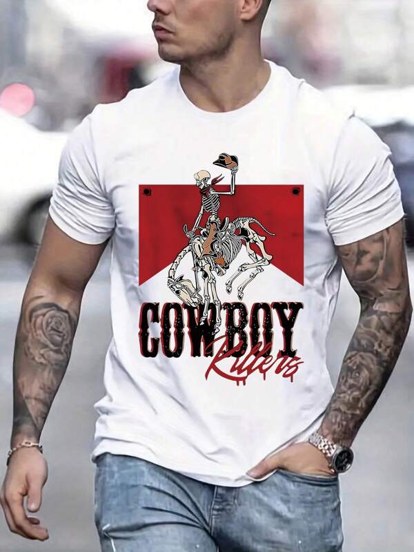 Camiseta masculina de verão, respirável e confortável, de manga curta, com corte regular e estampa retrô e estilosa de caveira de cowboy, uma blusa moderna e casual.