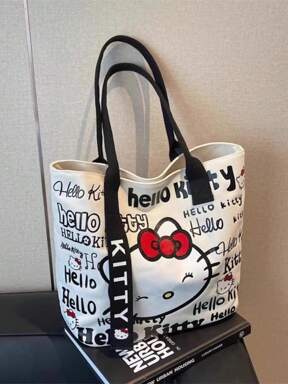 Bolso grande de Hello Kitty para mujer, bolso de lona de Hello Kitty de Sanrio, bolso de hombro con diseño lindo de KT, bolso versátil de dibujos animados, bolso grande de capacidad para viajes, vuelta al colegio y uso diario