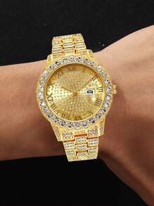 Set de 4 piezas: 1 reloj analógico de lujo de cuarzo cristalino, 2 pulseras con cuentas de estilo hip-hop, 1 collar con colgante de cruz - Accesorios de color dorado/plateado para hombres, negocios, deportes, uso diario, regalos