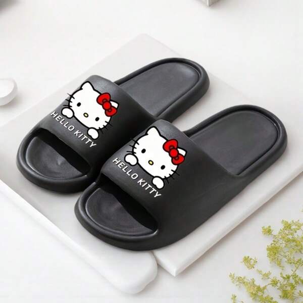 1 Pair, Sanrio For Hello Kitty Women's Soft EVA Slippers - Cute Cartoon Design, Home Indoor Bathroom Non-Slip Shower Shoes, All Season Comfort, Pink, Black, White, Casual Home Slippers