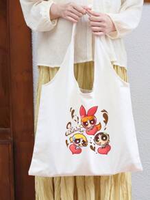 THE POWERPUFF GIRLS Cartoon Police Girl Printed Canvas Tote Bag, Large Capacity Casual Shoulder Bag, Versatile For Outdoor, Commute