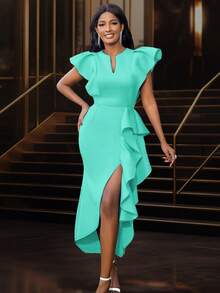 缺口领盖袖不对称下摆派对礼服，优雅鸡尾酒半正式舞会毕业礼服，适合生日、婚礼宾客、毕业典礼、晚宴、返校节、返校节 - 薄荷綠 - 查看 4