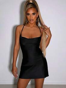 1 pieza Vestido mini elegante de unicolor de punto con pliegues y espalda descubierta estilo Y2K, sexy y elegante para fiestas, cumpleaños, vuelta al colegio, uso diario, verano