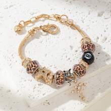 1 pieza Pulsera ajustable con dije de bola 8, dije de estrella y cruz, dije de tiempo y estampado de leopardo, estilo para parejas