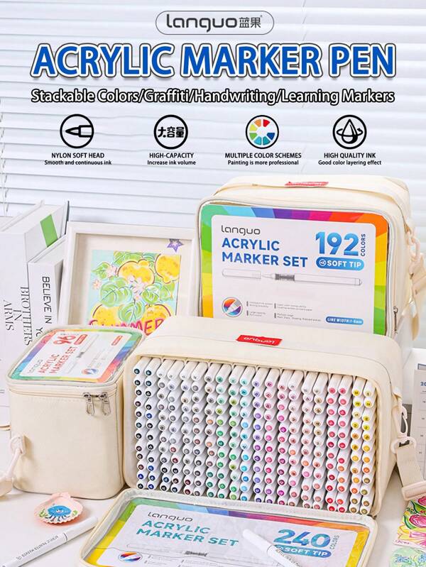 Languo 240/192/96 Colors Direct Liquid Acrylic Marker Pens With Storage Bag, Students Use Art Professional Drawing Drawing Color Soft-Head Marker Paper-Tight Stackable Diy Graffiti Coloring Book Coloring Pen Can Draw Glass Stone Waterproof Body Painting Brush Christmas Gift, School Supplies,Back To School