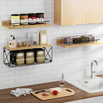 Set di mensole a 3 ripiani galleggianti, mensole a parete con ringhiera metallica, porta asciugamani e cestino portaoggetti, adatte per bagno, camera da letto, soggiorno, cucina, ufficio