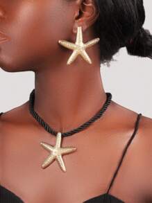 1 Set Of 3 Pieces Simple Fashion Starfish Pendant Necklace Marine Style Exaggerated Earrings Personalized Ladies Jewelry Set