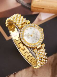 5pcs/Set Fashionable And Elegant Butterfly & Rhinestone Decorated Ladies' Watch And Heart-Shaped Big Rhinestone Jewelry Set, Suitable For Daily Wear Valentines