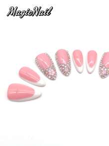 10 Pieces Of Pure Hand-Pressed Wearing Nails, 25mm Long Nail Pieces, Flesh Pink And White Contrasting Colors, Some Nail Pieces Are Covered With Glitter Diamond 3D Pink Flowers. Spring And Summer Style, Cute Nail Plate, Can Be Reused. It Is Suitable For Daily Leisure Vacations, And It Is Worn When Participating In Dances, Banquets, Parties, Shows And Other Activities.