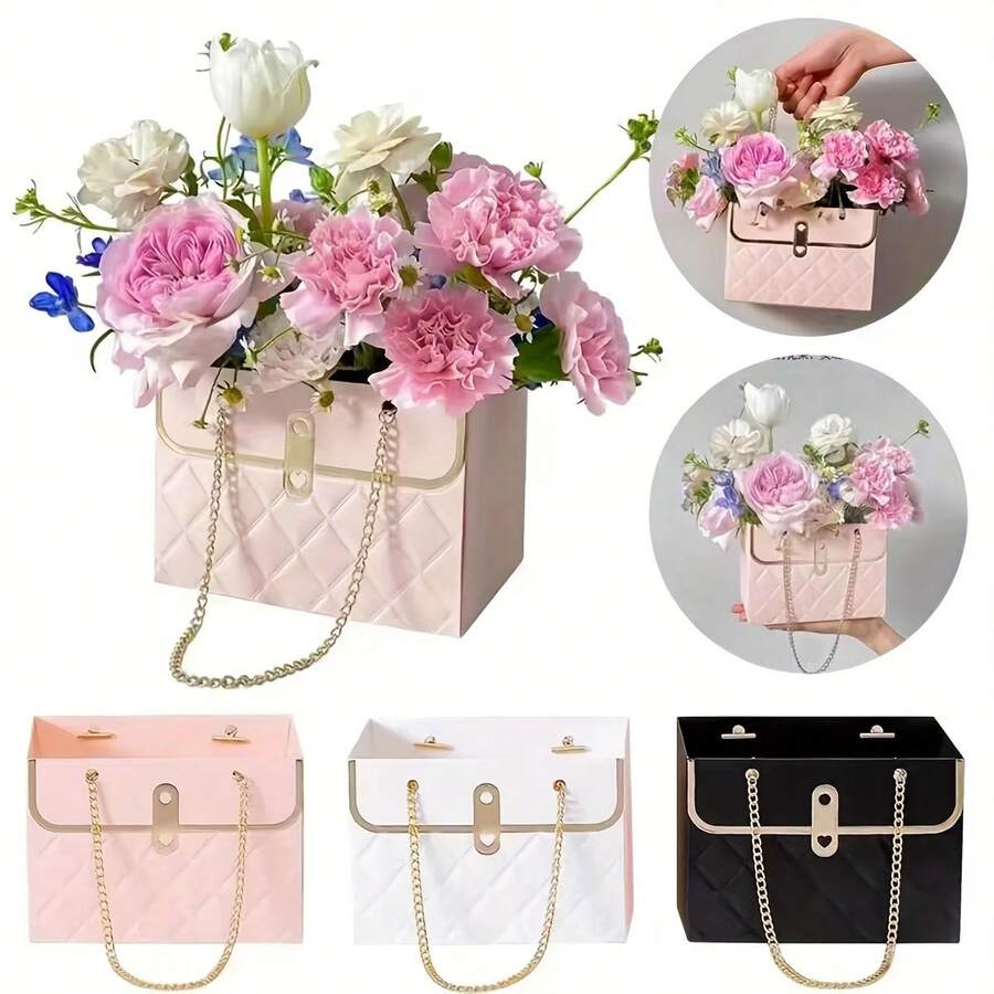 1/3pcs Floral Hand-Held Packaging Bags, Foldable Bouquet Hand-Held Fresh Flower Gift Box, Elegant Flower Box, Gift Packaging Bags Suitable For Women's Day, Valentine's Day, Mother's Day, Teacher's Day, Wedding Party - Pink - View 1