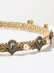 1pc Women's Summer Headband With Gold Wire Wrapped Vintage Elegant Rhinestone & Pearl Decor, Baroque Style Fashion Accessory, Hairband Headband For Women ,Hair Accessories, Diadema, Hair Hoop