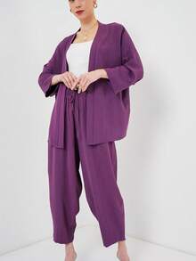 休闲纯色落肩宽松开衫和抽绳腰斜口袋修身裤套装，春秋