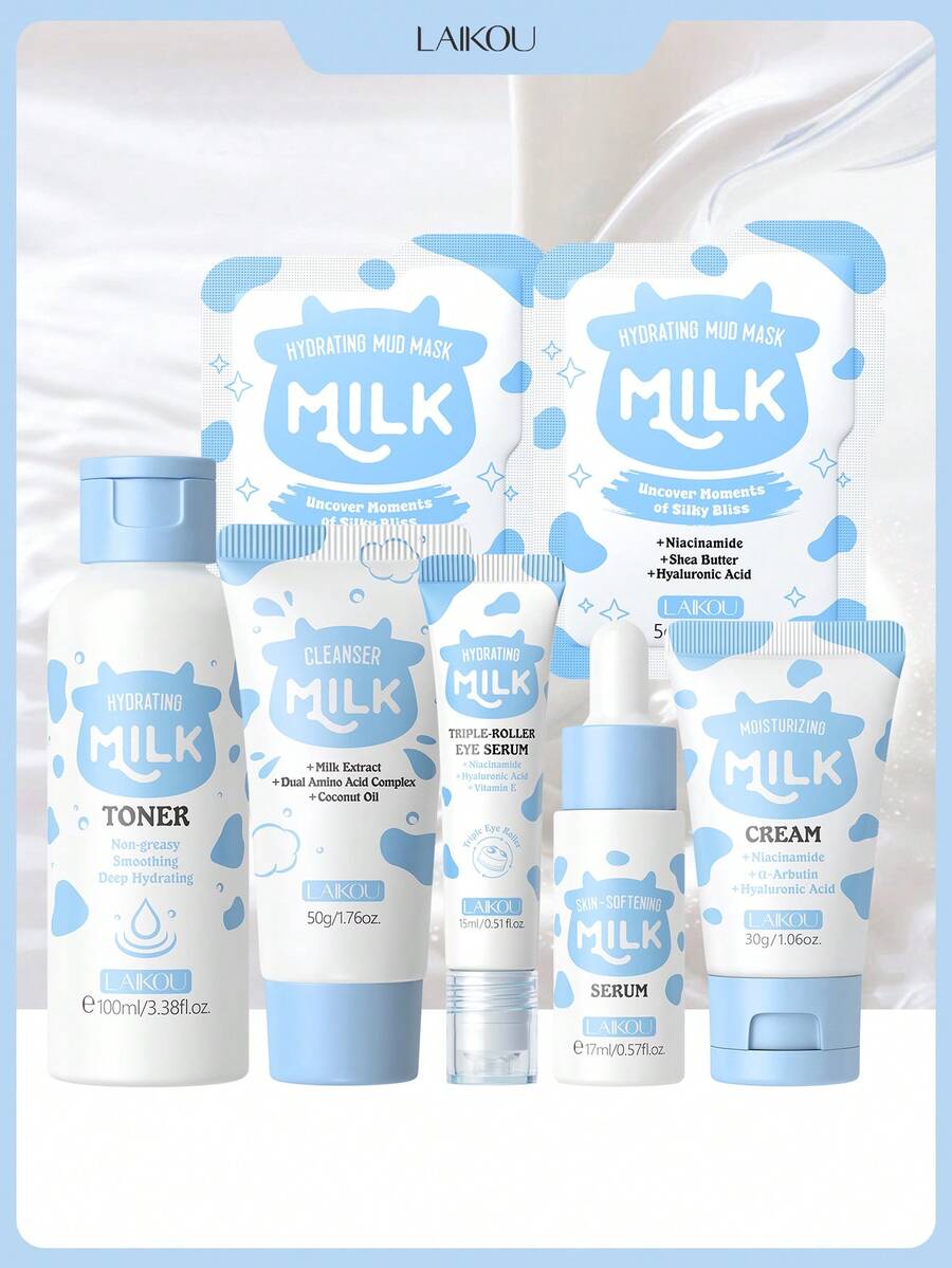 1 Set Moisturizing LAIKOU Milk Skincare Set,( Milk Hydrating Toner 100ml & Milk Skin-Softening Serum 17ml & Milk Cleanser 50g & Milk Hydrating Mud Mask 5g*2 & Milk Hydrating Triple-Roller Eye Serum 15ml& Milk Moisturizing Cream 30g)Moisturizing Relief Skin Care Gift Boxes Deep Nourishing Skin Care Gift Bag For Travel, Camping, Hiking, Climbing, Outdoor - 牛奶五件套裝 - 查看 1