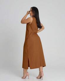 Women's Linen Midi Dress With Pockets Plain Wide Straps Elegant - 駝色 - 查看 2