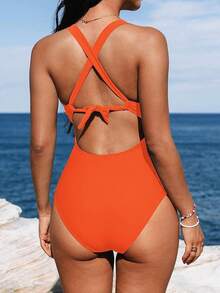 Women's Swimsuit Tummy Control Deep Double Straps Crisscross Back Tie Bathing Suit, 2025 Swimwear - 鐵鏽橙 - 查看 2