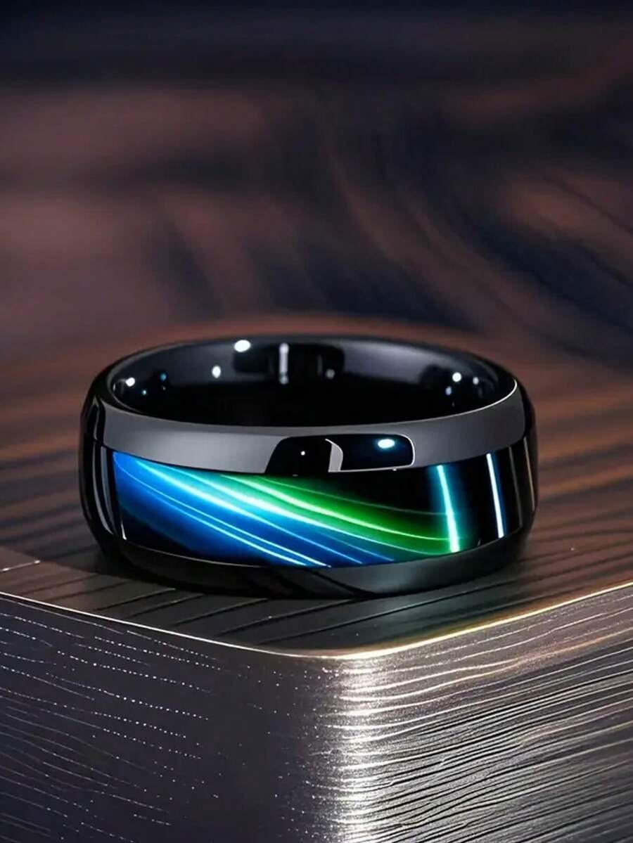 8mm Black Stainless Steel Ring With Inlaid Blue Tiger Eye Stone - Modern Fashion Design, Valentine's Gift, Engagement Ring, Wedding Band Or Casual Wear, Technically Inspired Design - Black - View 1