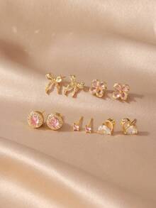 GEREIT 5 对/套时尚三叶草、蝴蝶结、心形锆石耳钉首饰套装，适合女性日常佩戴情人节、妈妈、母亲、母亲节、礼物