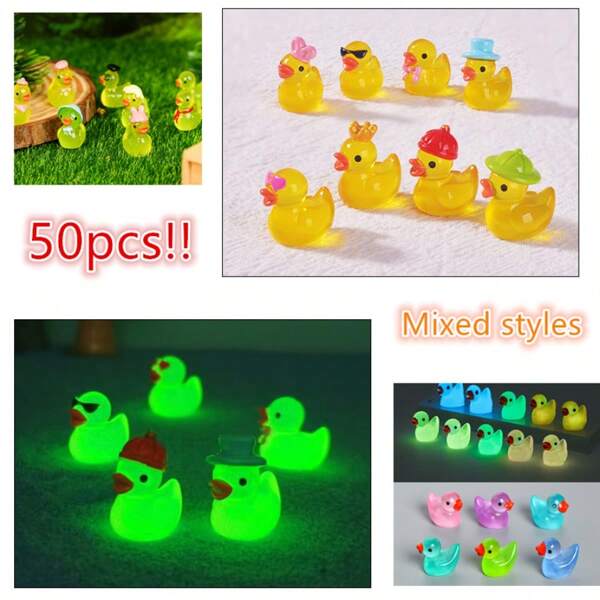 32pcs/50pcs Adorable Mini Glowing Duck Figurines, Random Styles, DIY Cool Duck Garden Landscape Decoration Blind Box Surprise, Glow-In-The-Dark Mini Duck Bulk Stuffed Animal Toys For Doll House, Plant Pot, Office Desk, Aquarium Craft Gift