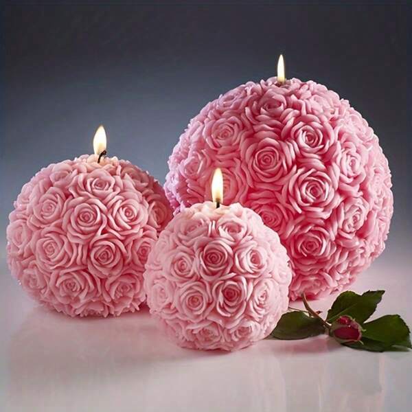 Scented 3D Rose Ball Candle Soap Making Mold - Flexible Silicone Round Ball Table DIY Creative Elegant Ancandles Table Craft Wedding Decoration Valentine's Day Gift Casting Mold Home Decoration Supplies