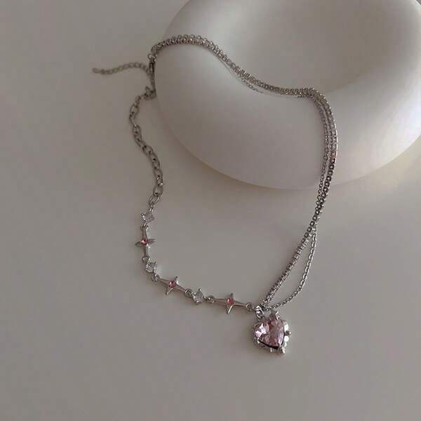 1pc Pink Heart Pendant Necklace, Delicate Dainty High-End Fashion Choker For Women