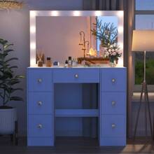 Vanity Dressing Table Desk Set With LED Lighted Mirror 7 Drawers Crystal Handle  Vanity Dressing Table Desk Set