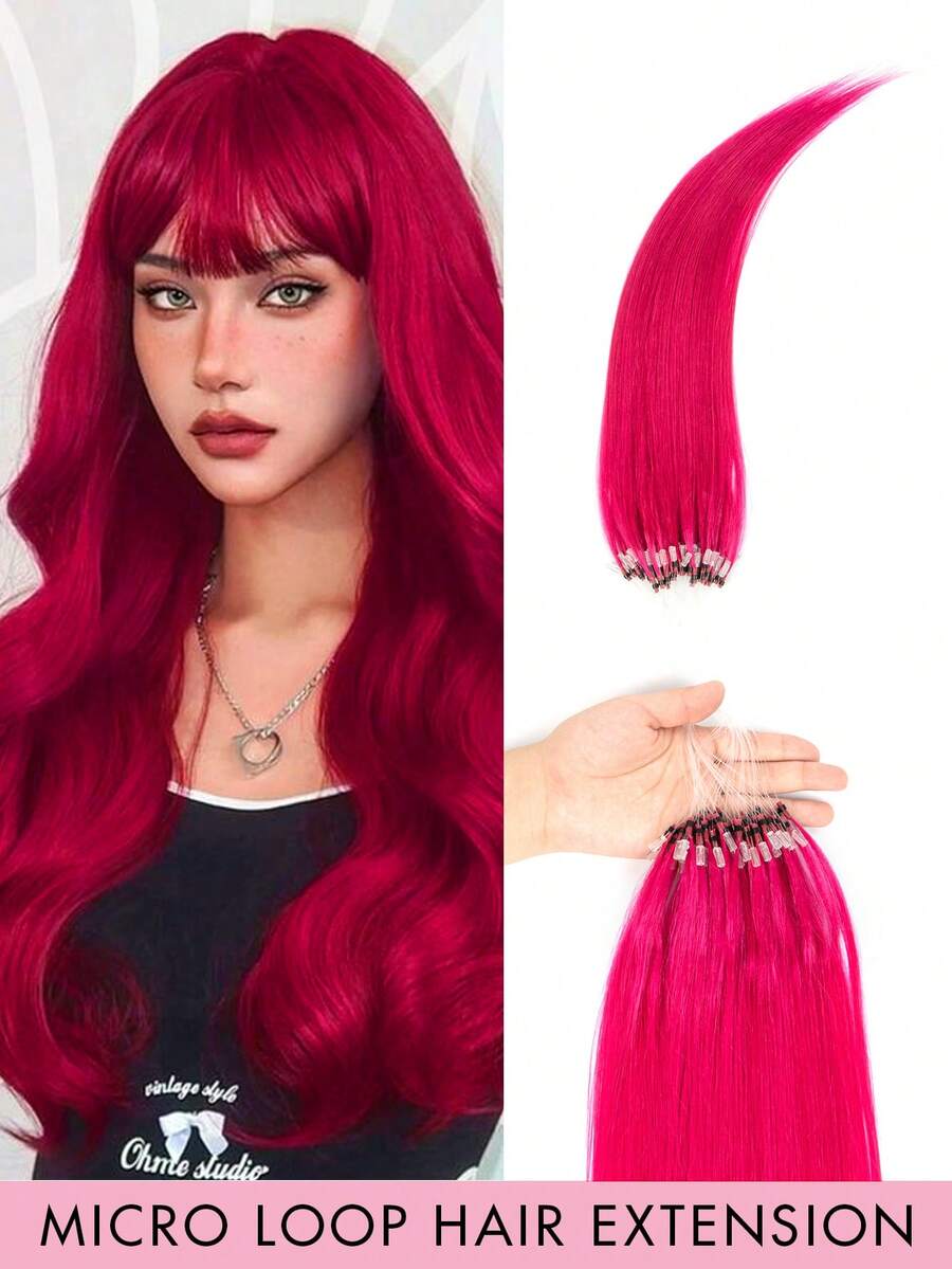 50pcs Micro Ring Human Hair Extensions, Straight Hair, High Gloss, Suitable For Festival Performance Accessories, Summer Travel Essential - SPink - View 1