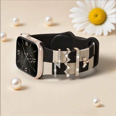 5Pcs/Set Black Check Design Silicone Strap With Shiny Bees Decorative Band 38mm 40mm 41mm 42mm 44mm 45mm 46mm 49mm For Apple Watch Sport Bands Compatible With IWatch Strap Series Ultra 2 SE 10 9 8 7 6 5 4 3 2 1 