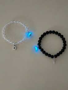 ATLVXJL 2pcs/Set Glow-In-The-Dark Couple/Friendship Heart Lock & Key Shaped Glass Beaded Bracelet, Fashion Jewelry Set Suitable For Daily Wear And Valentine's Day Gift - Multicolor - View 5