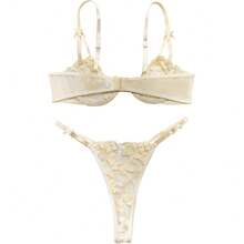 Lilosy Sexy Underwire Cute Push Up Strappy Embroidered Mesh Sheer Lingerie Set See Through Panty Bra - 蝴蝶結米色 - 查看 2
