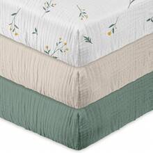 Muslin Soft Cozy Cotton Mini Crib N Play Fitted Sheets For Baby Boys Girls 3-Pack, Leafy Green - Green - View 1