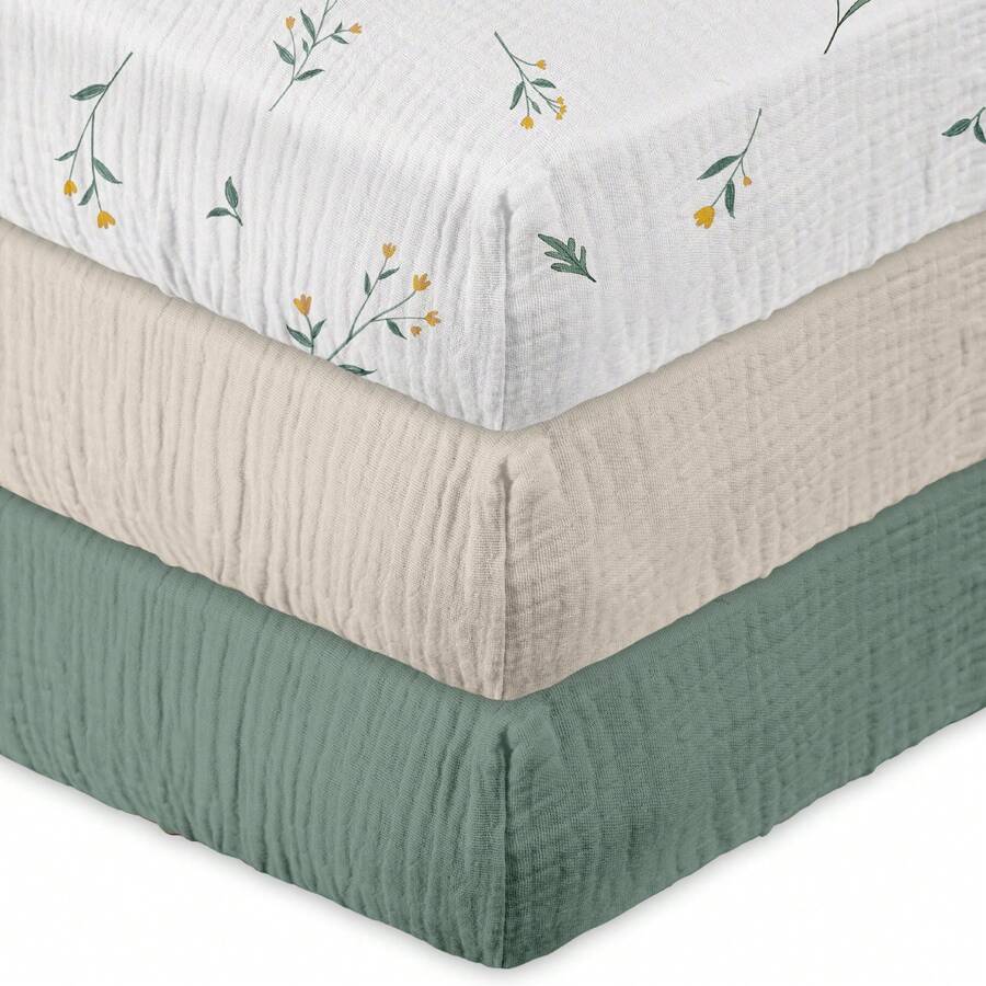 Muslin Soft Cozy Cotton Mini Crib N Play Fitted Sheets For Baby Boys Girls 3-Pack, Leafy Green - Green - View 1