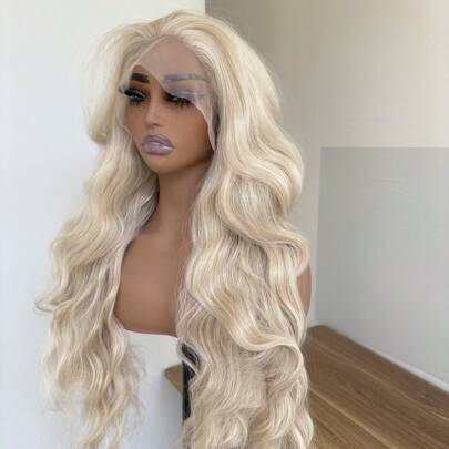 Bleach Blonde Long Wavy Soft Synthetic Hair Women Natural Hairline 13X4 Large Glueless Wigs Lace Front