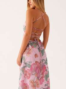 Women's Y2K Summer Maxi Dress Floral Print Sleeveless Cami Long Dress Cross Tie-Up Backless Fashion Spaghetti Strap Dress Beach Vacation Streetwear - 紫羅蘭色 - 查看 2