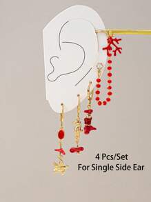 4 pièces Set de boucles d'oreilles d'été en forme d'étoile de mer, style plage. Boucles d'oreilles hippie en forme d'hippocampe et de corail, de couleur rouge. Boucles d'oreilles de vacances