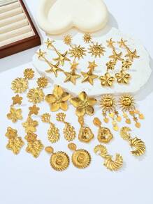 1 par de pendientes tipo botón con formas de corazón, estrella de mar, sol, floral y geométricas en tono dorado de acero inoxidable, adecuados para uso diario, playa, fiesta y vacaciones, gran regalo para amigos