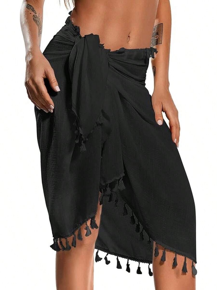 Eicolorte Sarong Cover Up Womens Beach Cover Up Bikini Bathing Suit Swimsuit Swimwear Coverup Sarong Pareo Wraps Women - 黑色(短款) - 查看 1