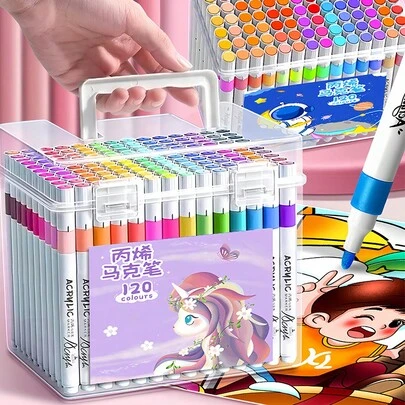 Bộ 48 bút vẽ màu acrylic, chủ đề Kỳ lân và Phi hành gia, bút màu có thể giặt sạch, chồng lớp được, khơi gợi nhận thức về màu sắc, hộp đựng (48 màu ngẫu nhiên), vật dụng cần thiết cho mùa tựu trường.
