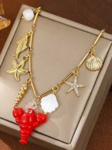 1pc Women's Fashion Jewelry, Ocean Themed Chain Necklace With Colorful Starfish, Seashell, Lobster Pendant, Suitable For Summer Beach Vacation, Beach Party And Daily Wear. Packaged In Velvet Bag