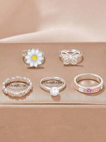 5pcs/Set Adjustable Pearl, Butterfly, Daisy, Heart Shaped Rings, Ideal Gift