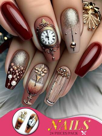 24個 ヴィンテージブラウンレッドの長いコフィンネイル、複雑な時計とワインのグラフィック、快適で簡単な装着、パーティー、祝賀会、日常着用に最適な長持ちの輝き、ジェリーのり、ネイルファイル付き ネイルサプライ ネイル