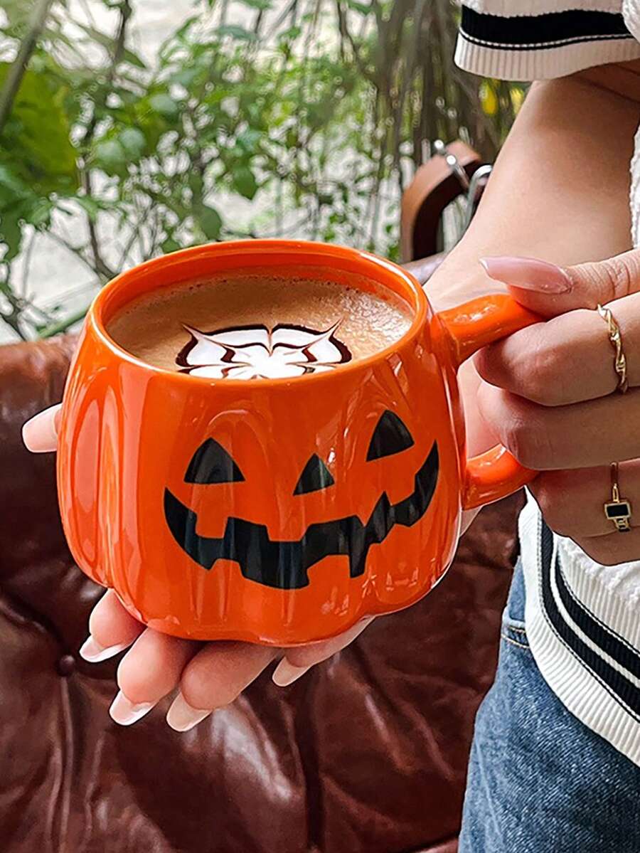 1pc Halloween Gift Pumpkin Shaped Ceramic Cup, Vintage Cartoon Style, Couples Use, Holiday Atmosphere Mug, Everyday Drinking Ceramic Cup, Home, Work, Holiday Experience Back To School