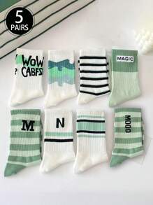 5 Pares (Estilos Aleatórios) Meias de Média Cano Versáteis para Todas as Estações para Mulheres, Azul/Verde, Estilo Streetwear Chique, Estilo Tulipa Grafite Fofo Estilo Universitário