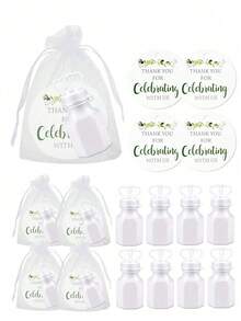 15件/套，婚礼迷你泡泡，婚礼宾客礼品套装，双爱透明泡泡瓶（不含液体），感谢绿叶圆卡，白色透明硬纱袋，拍照道具，适用于新娘送礼会，宾客礼物 - 白色 - 查看 3