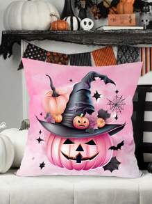 1 Stück rosa Halloween Kissenbezug, Kürbislächeln Geist Hexenhut Muster Kissenbezug, waschbar, Halloween Dekoration, Heimdekoration, Halloween Party Zubehör, Halloween Geschenk, Festliche Atmosphäre Requisiten, Frohe Halloween, Party Favors, Raumdekoration, Feiertagsdekoration, Festliche Dekoration