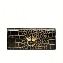 Retro Crocodile Print Wallet With Golden Snake Clasp - Long Multi-Layer Zipper Card Case For Women, Black And Gold Retro Design