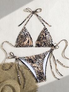 Bộ bikini hai mảnh hở lưng dây mảnh gợi cảm, bikini dây mảnh họa tiết da báo quyến rũ, đồ bơi kiểu dáng châu Âu và Mỹ phổ biến cho kỳ nghỉ biển. - Màu Khaki - Xem 2