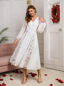 Vestido de Despedida de Noiva com Bordado Floral Branco, Decote em V e Manga de Lanterna, Vestido de Casamento, Vestido Branco Curto