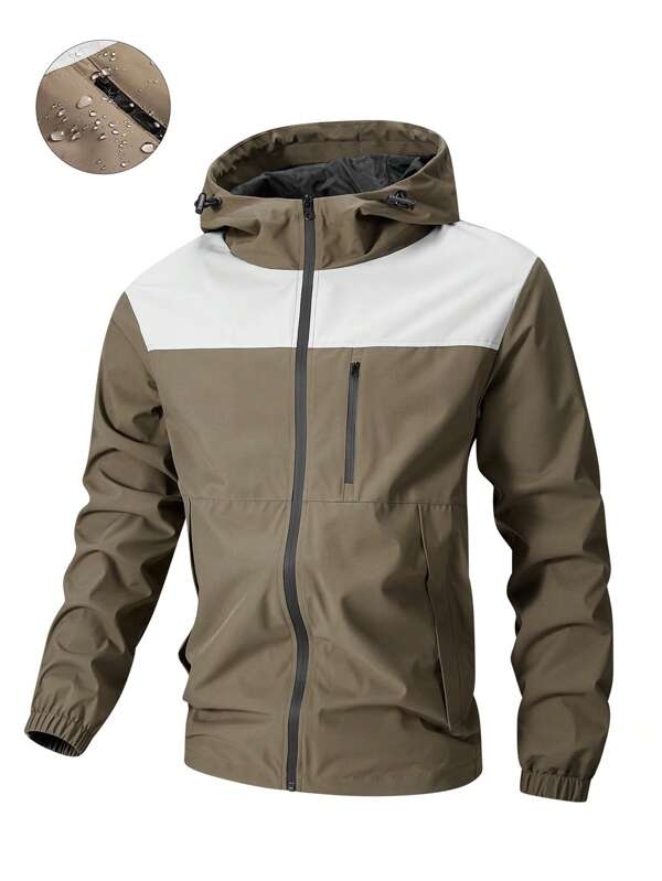 Plus Size Men's Color Block Long Sleeve Hooded Jacket, Spring & Autumn